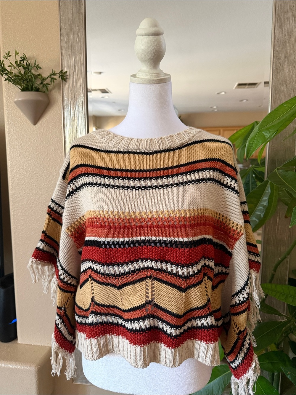 Striped Fringe Crewneck Sweater - Cream, Rust & Black